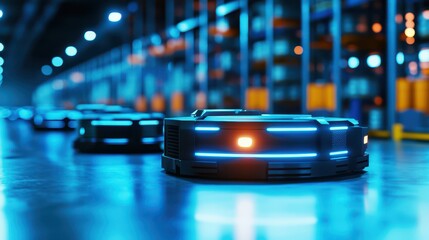 Obraz premium Autonomous robots navigating a high-tech warehouse environment with vibrant blue lights.