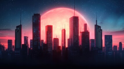Fototapeta premium A vibrant futuristic city skyline illuminated by a large red moon, showcasing modern architecture against a starry night sky.