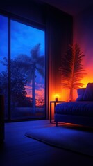 Fototapeta premium Cozy living room with modern furniture and warm lighting, showcasing a serene evening atmosphere.