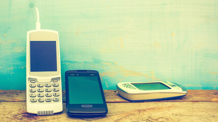 Vintage and modern mobile phones on a wooden surface, representing the evolution of technology