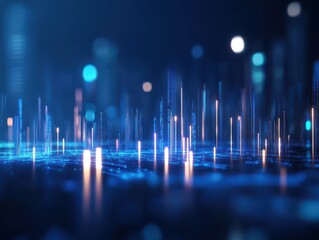 Futuristic abstract landscape with glowing lines and lights on a dark background.