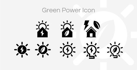 Green electricity and battery for sustainable power energy icon set