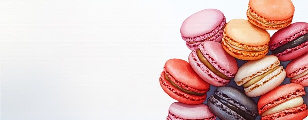 Stack of colorful macarons on a white background with a clean aesthetic.