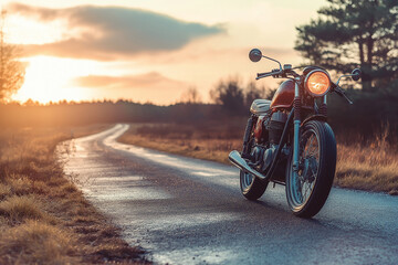 Classic motorcycle in country road. GenerativeAI