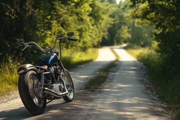 Obraz premium Classic motorcycle in country road. GenerativeAI