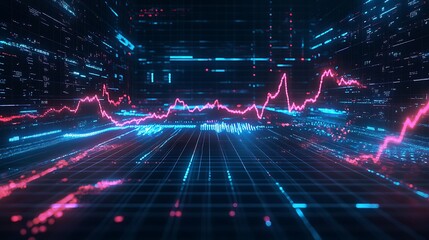 Vibrant Data Visualization: Financial and Technological Analytics with Neon Grid Highlights