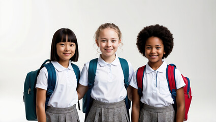 Diverse Group of Schoolgirls in Uniforms Smiling with Backpacks