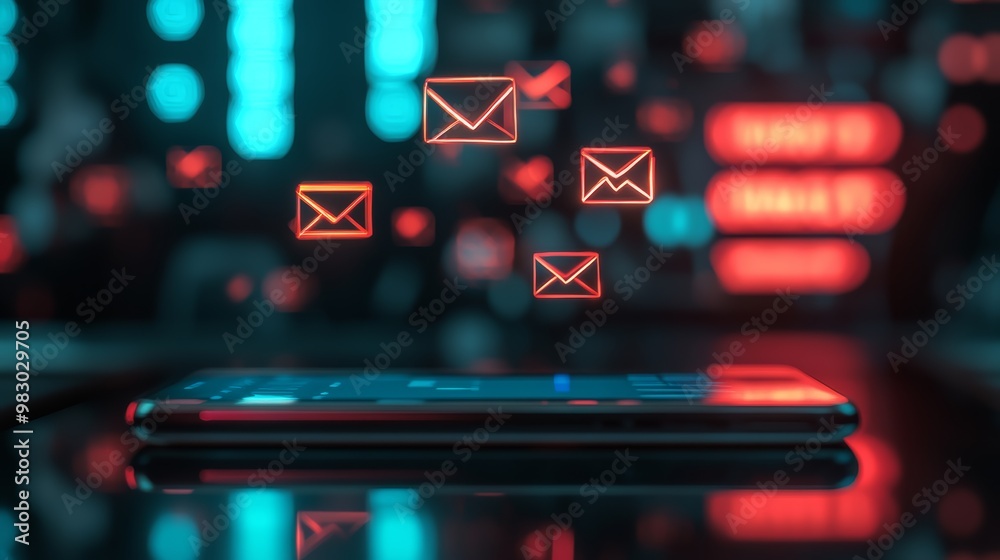 Poster Dynamic view of a smartphone with red-toned email icons, focusing on urgent communications in a tech-driven world.