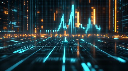 Vibrant Data Visualization: Financial and Technological Analytics with Neon Grid Highlights