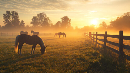 Fototapeta premium Golden Hour Horses in Misty Meadow