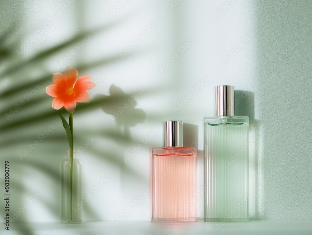 Poster single red flower in pink vase with green leaf shadows and symmetrical perfume bottles in abstract b