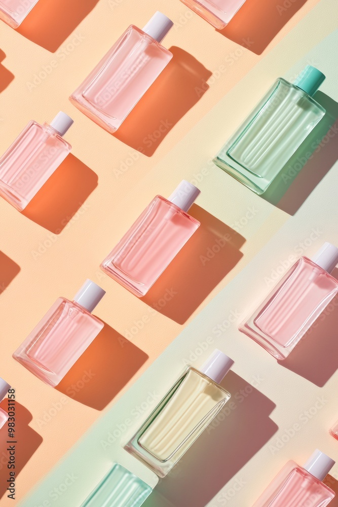 Poster Pastel Spring Mood Symmetrical Layout of Pink and Green Perfume Bottles on Gradient Background with Soft Shadows