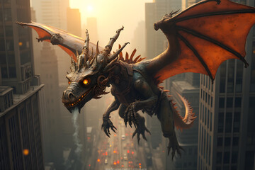 a rusty mechanical dragon flies between buildings