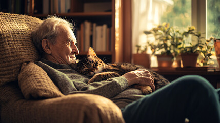 Senior man cuddling with his cat on the couch