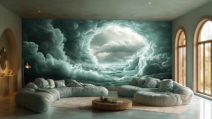 Modern interior with cloud mural and cozy seating