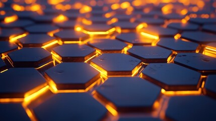 Fototapeta premium Floating 3D hexagons arranged in a symmetrical grid, glowing softly.