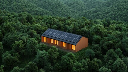 Fototapeta premium A modern sustainable house nestled in green forest, featuring solar panels and illuminated windows for eco-friendly living.