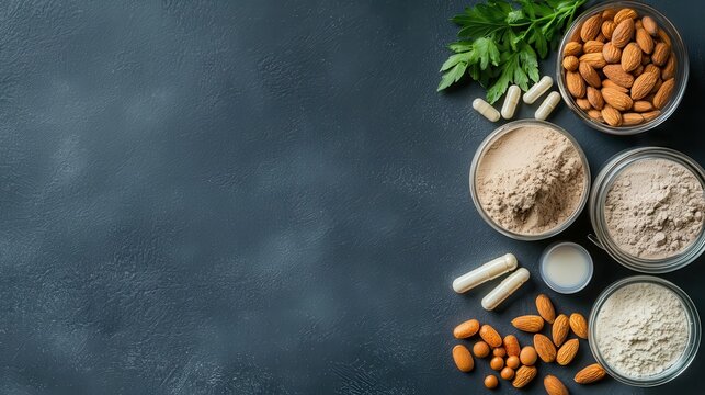 Flatlay of protein powder, almonds, and vitamin supplements on a gym background, fitness nutrition, sports and health