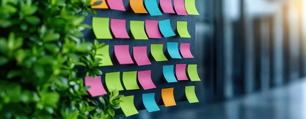Creative team planning product launch, sticky notes on glass board, 3D illustration