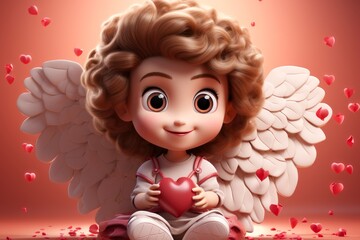Fototapeta premium Cute angel holding a heart on a pink background. Cartoon style.