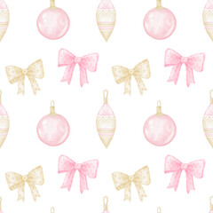 Watercolor seamless pattern with pink Christmas tree toys and bows on a white background. Cute illustration for textiles and wrapping paper