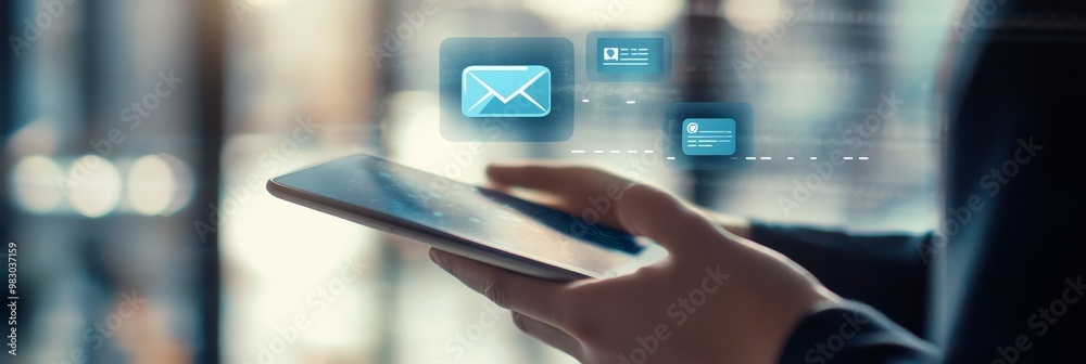 Poster professional sending emails via smartphone, emphasizing business communication.