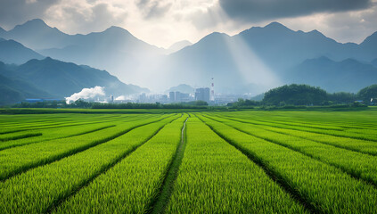 Vast Green Agricultural Field at Sunrise with Mountain Backdrop - Farming Landscape