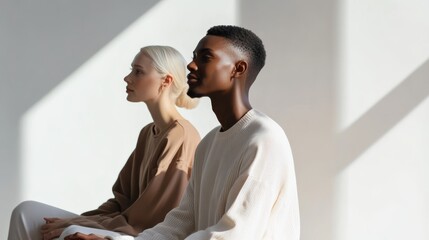 Diverse pair looking forward, contemplative expressions in a minimalist setting. Themes of diversity and introspection.