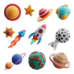 Colorful Cartoon Spaceships and Planets - Cute Illustrated Space Exploration Elements