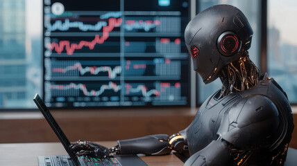 Fototapeta premium A humanoid robot analyzing stock market data on a laptop screen in a modern office environment.