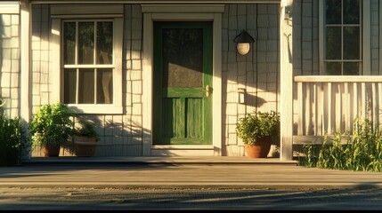 A beautifully painted green front door, flanked by white trim and glass windows, welcomes visitors with warmth and sunlight, creating an inviting atmosphere for the home