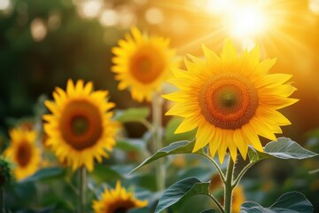 Obraz premium Vibrant sunflowers amid lush greenery showcasing sustainable energy solutions for a greener future