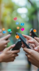 Wide angle view of people using smartphones, social media applications visible. Connectivity and modern lifestyle theme.