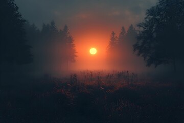 Naklejka premium Misty sunrise over a serene forest landscape at dawn