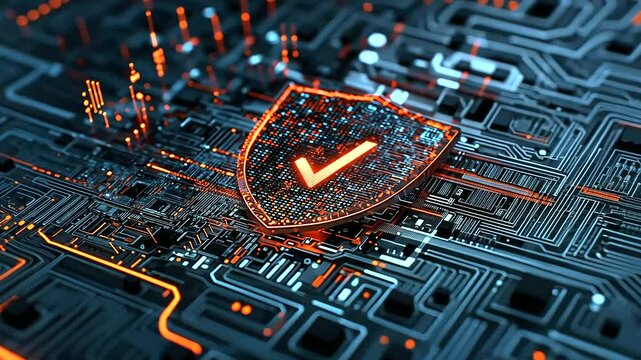A shield with rusted edges, glowing with a digital checkmark at its core, set against a matrix of code, symbolizing the dependable and secure nature of Rust