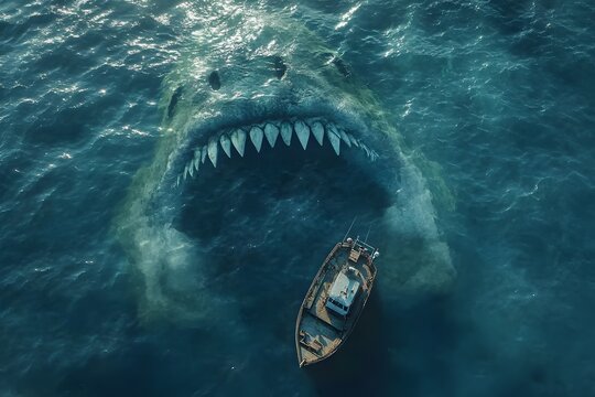 giant deep sea monster creature in the ocean under the small fishing boat