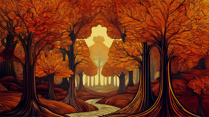 Art Nouveau Style Autumn Forest with Stream Illustration Horizontal Format