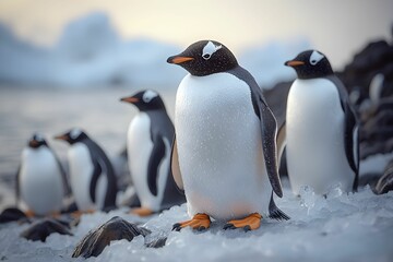 Obraz premium Gentoo penguins standing on the icy shore at sunset in Antarctica