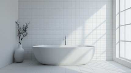 Fototapeta premium Minimalist bathroom with a freestanding tub, clean white tiles, and a single piece of decor on the wall