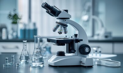 A close-up of a microscope and lab glassware in a modern laboratory environment, highlighted by warm lighting. Free copy space for text.