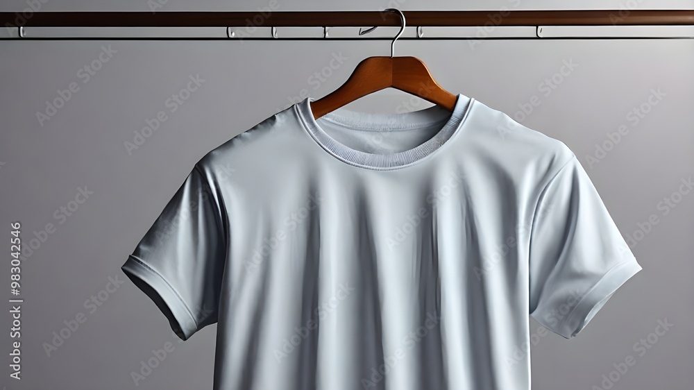 Sticker Blank white premium t shirt mockup. Studio presets. white sweat shirt. crew neck mock up isolated white background . wooden hanger white wall