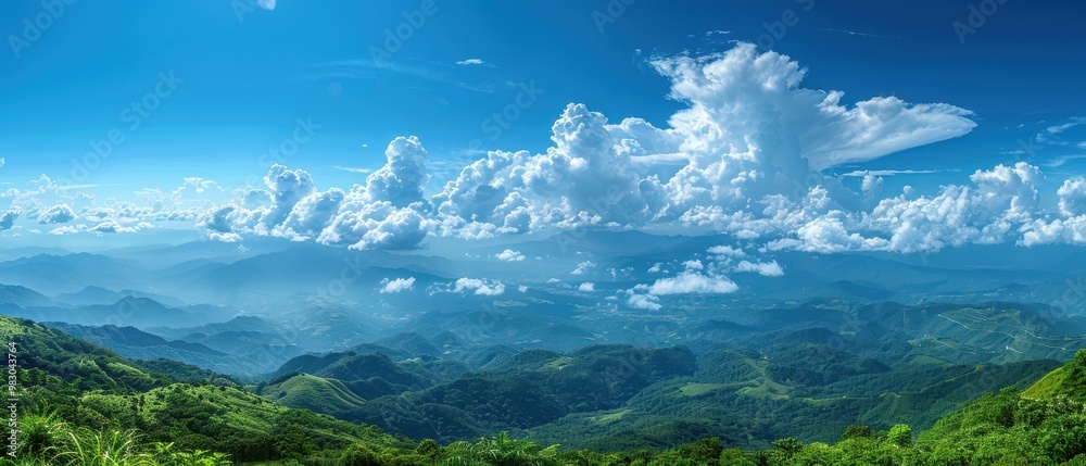 Wall mural a panoramic view of a blue sky with fluffy white clouds, creating a calming effect. free copy space 