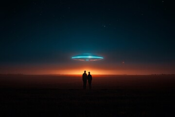 Couple gazing at a glowing UFO above the horizon during twilight in an open field