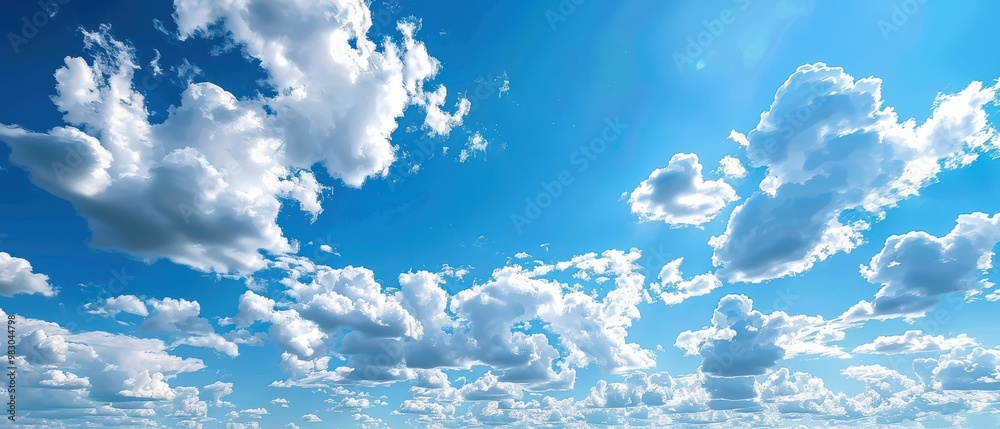 Wall mural a panoramic view of a blue sky with fluffy white clouds, creating a calming effect. free copy space 
