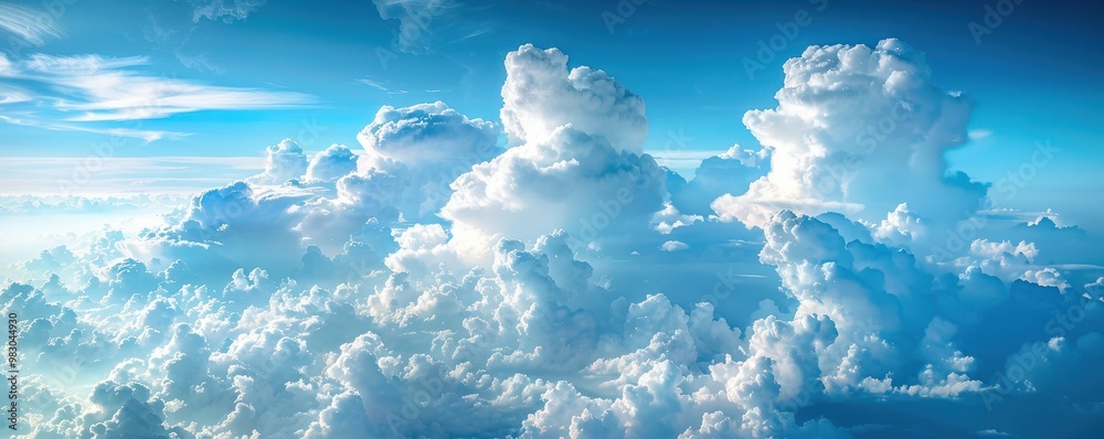 Wall mural a panoramic view of a blue sky with fluffy white clouds, creating a calming effect. free copy space 