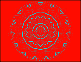 A mesmerizing mandala with intricate geometric patterns radiates in vibrant red and teal colors. The design is symmetrical, creating a hypnotic visual effect.