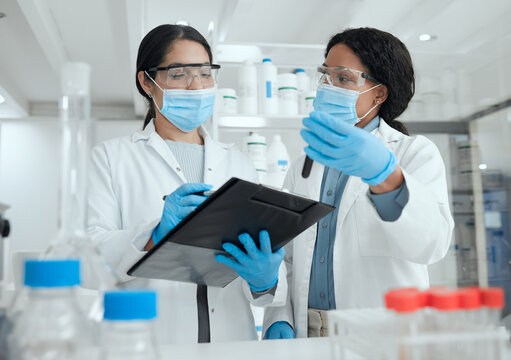 Research, science and women with sample, clipboard and results with experiment, teamwork and feedback. Employees, checklist or scientist with testing, review formula and notes in chemistry laboratory