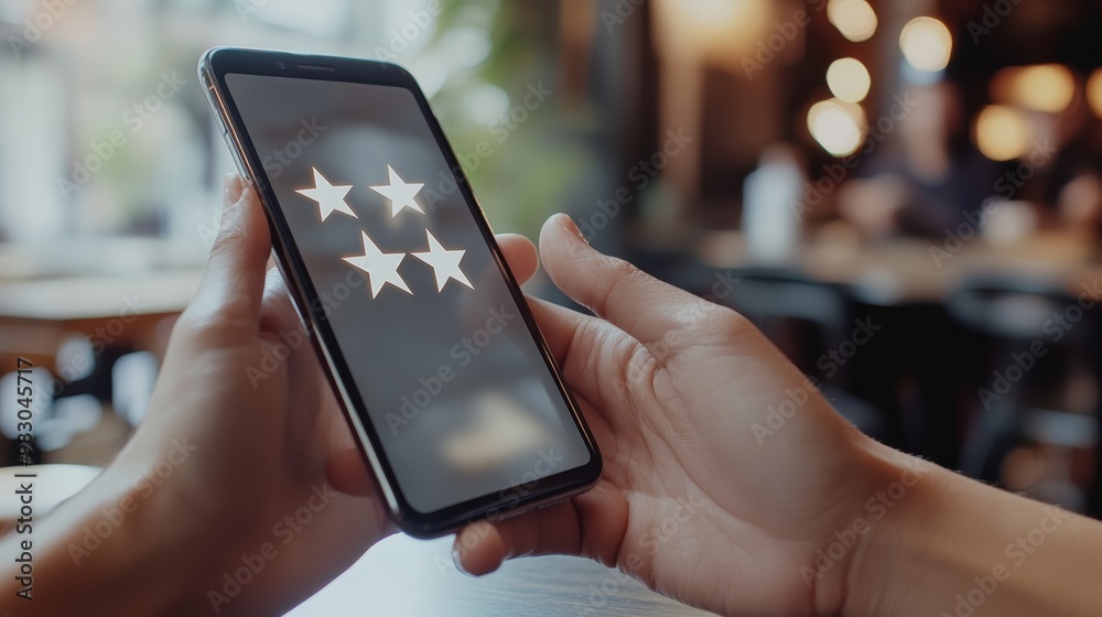 Poster smartphone screen showing customer reviews with star ratings. emphasizing the importance of feedback