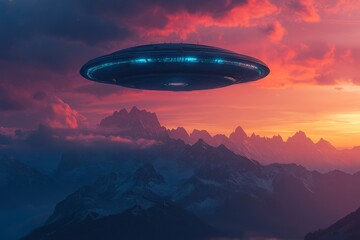 Fototapeta premium A UFO hovers over stunning mountains during a vibrant sunset in a serene landscape filled with dramatic clouds and colors