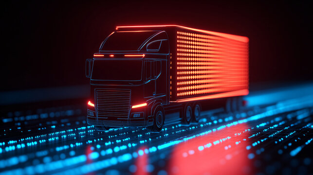 Futuristic truck with neon lights on a digital background